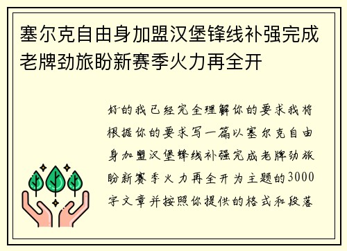 塞尔克自由身加盟汉堡锋线补强完成老牌劲旅盼新赛季火力再全开